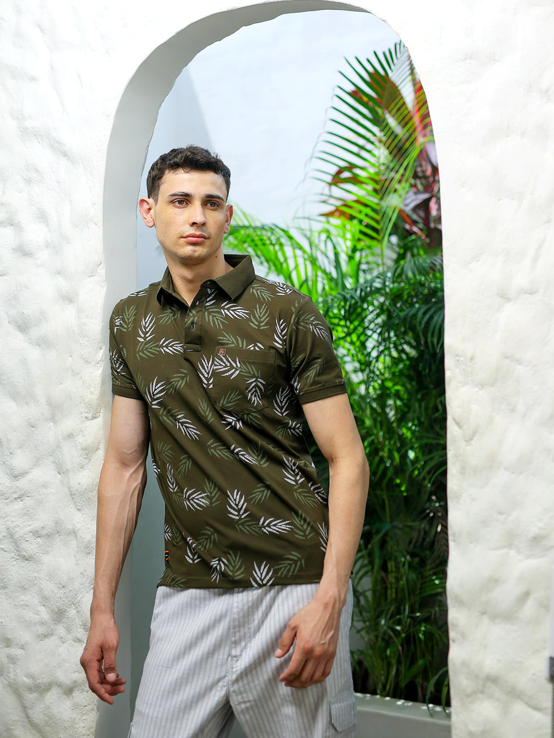 Olive Green Graphic Printed Polo T Shirt