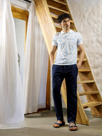 Ink Blue Abstract Printed Polo T Shirt