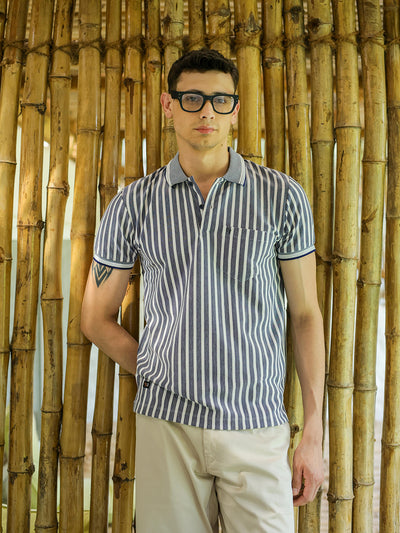 Dark Blue Vertical Stripes Polo T Shirt