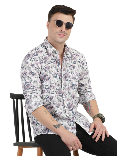 White with Pink Floral Printed Casual Shirt