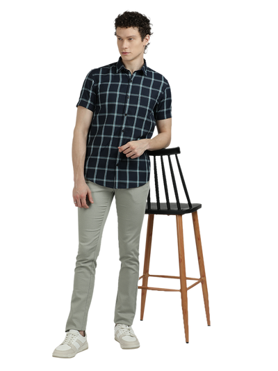Navy Blue With Green Checked Casual Shirt