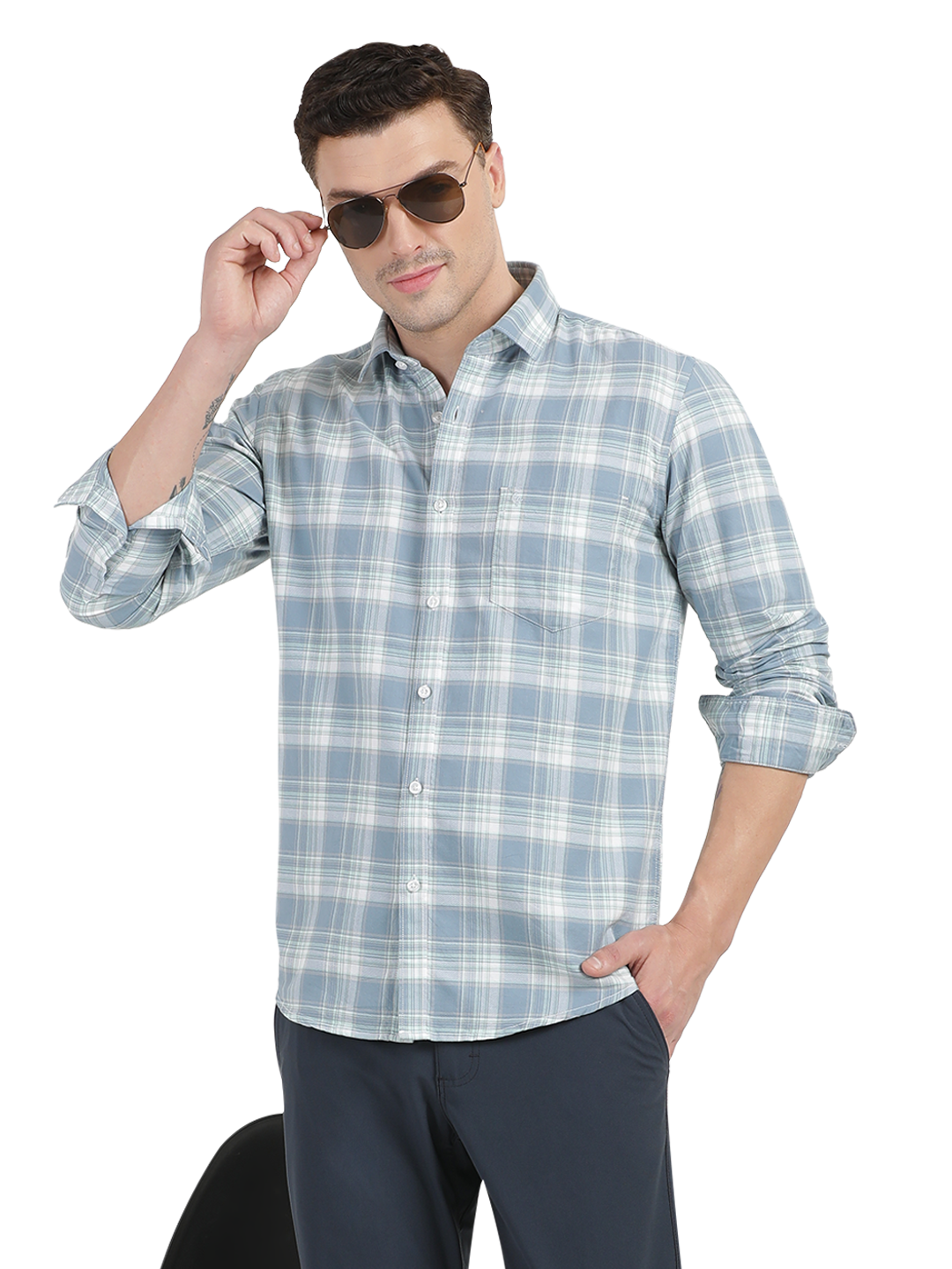 Light Blue with White Checked Casual Shirts