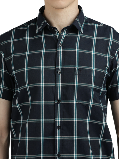 Navy Blue With Green Checked Casual Shirt
