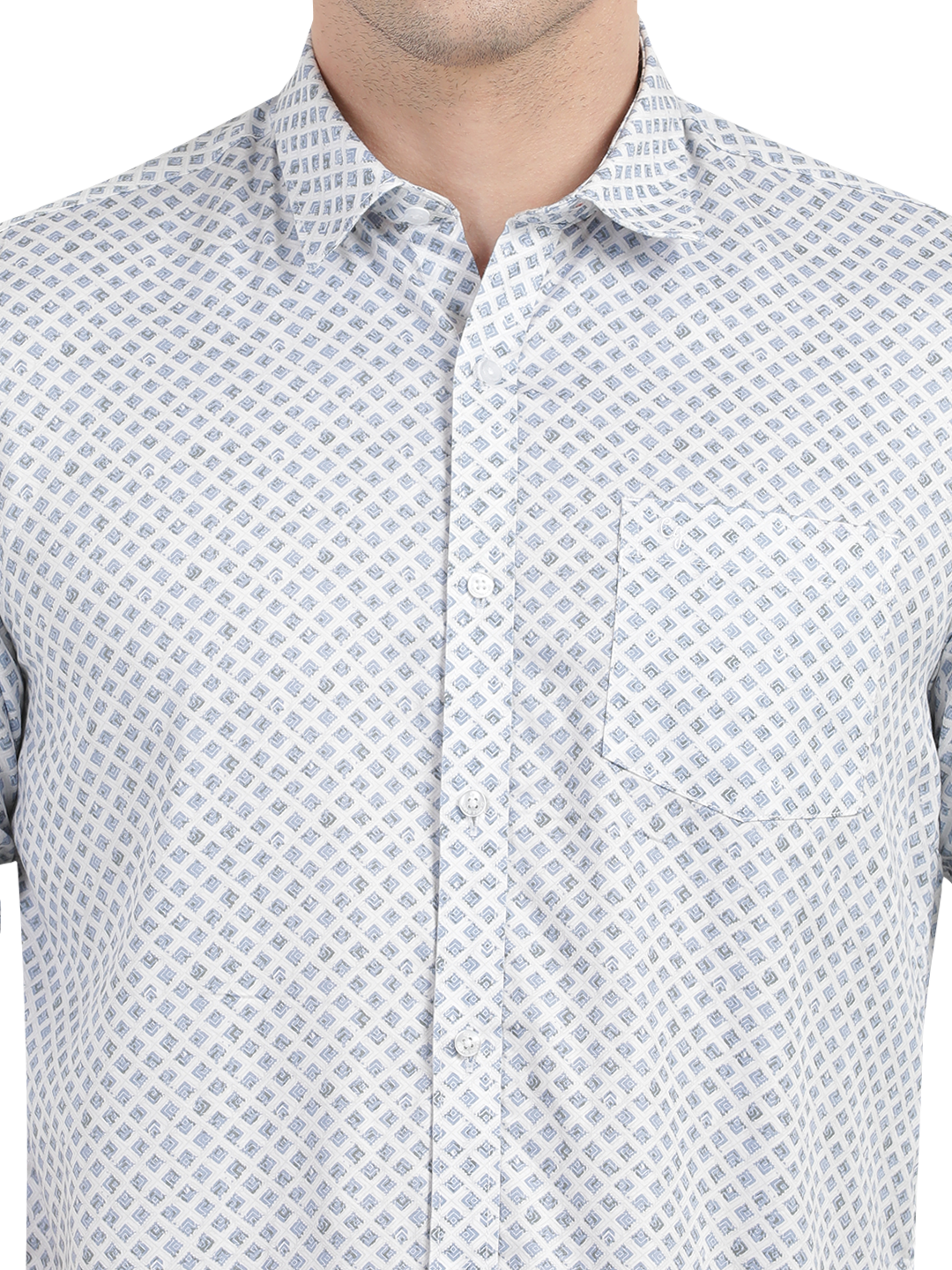 White with Blue Geometric Print Casual Shirt