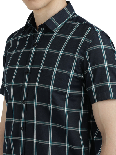 Navy Blue With Green Checked Casual Shirt