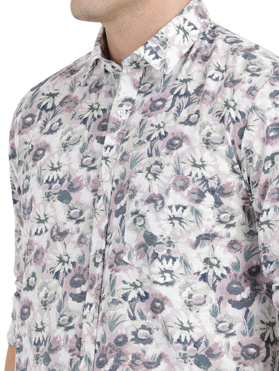 White with Pink Floral Printed Casual Shirt