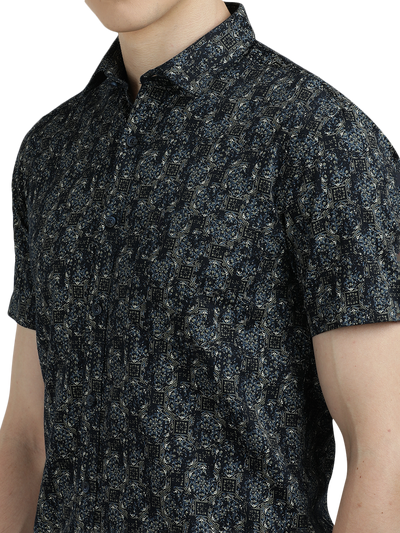Navy Blue With Grey Printed Casual Shirt