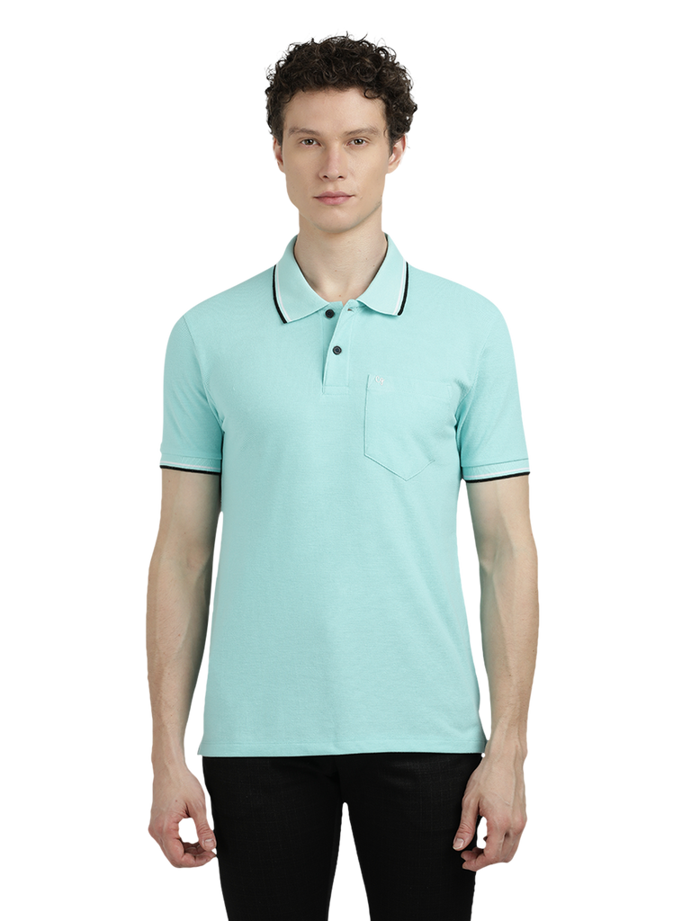 Model wearing Clarke Gable's Aqua Blue Solid Polo Collar T-Shirt in a casual setting