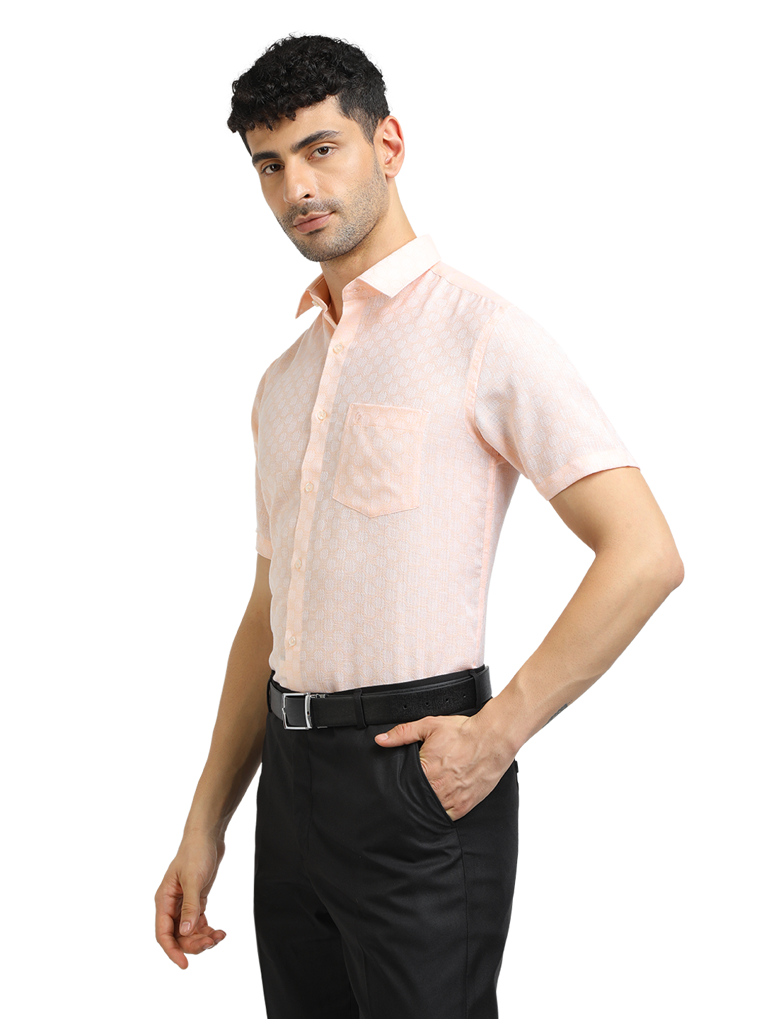 Model wearing Clarke Gable's Baby Pink Printed Formal Shirt in a casual setting