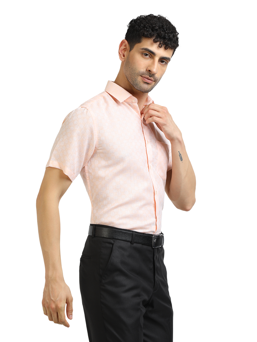 Model wearing Clarke Gable's Baby Pink Printed Formal Shirt in a casual setting