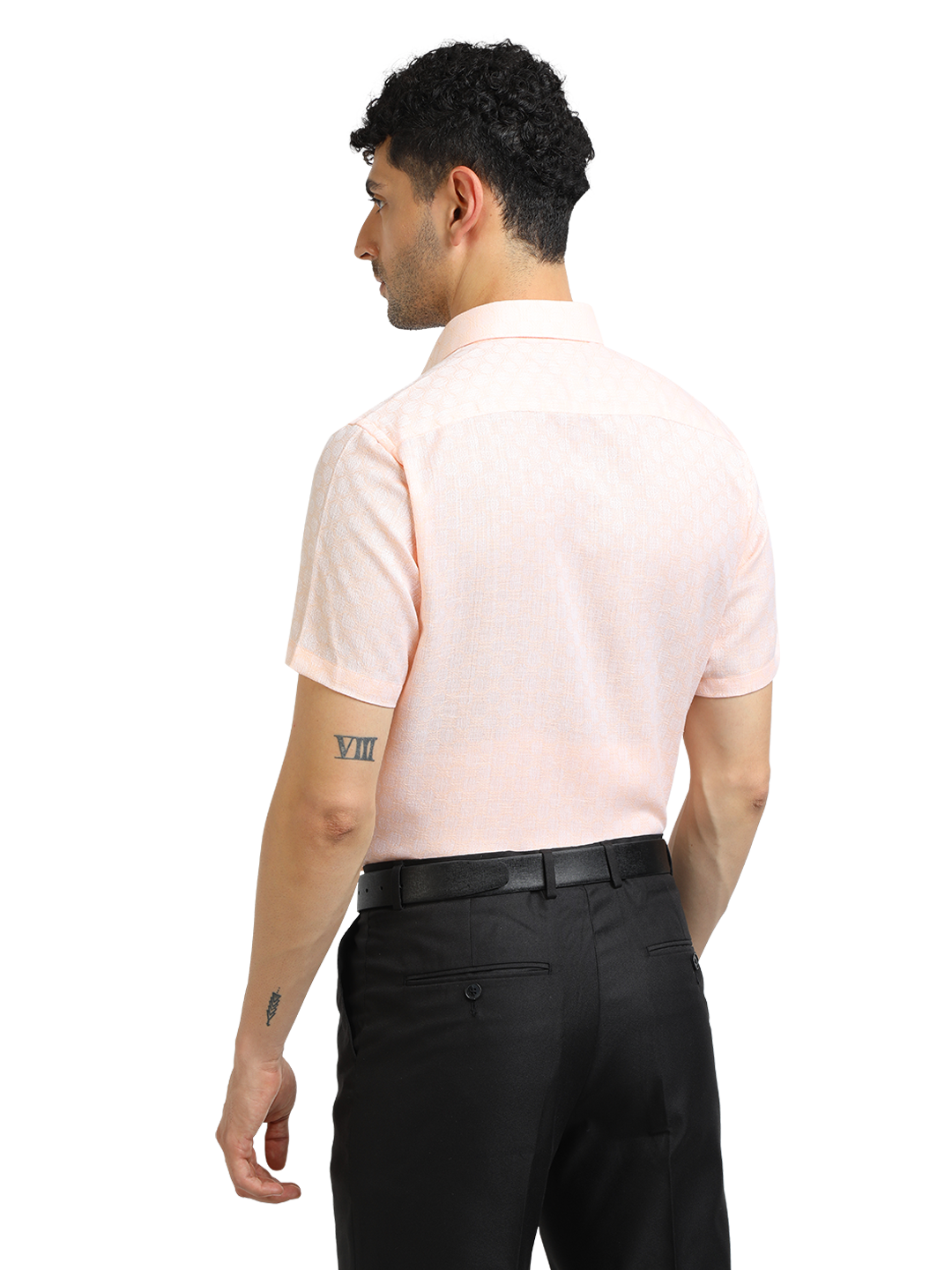 Model wearing Clarke Gable's Baby Pink Printed Formal Shirt in a casual setting