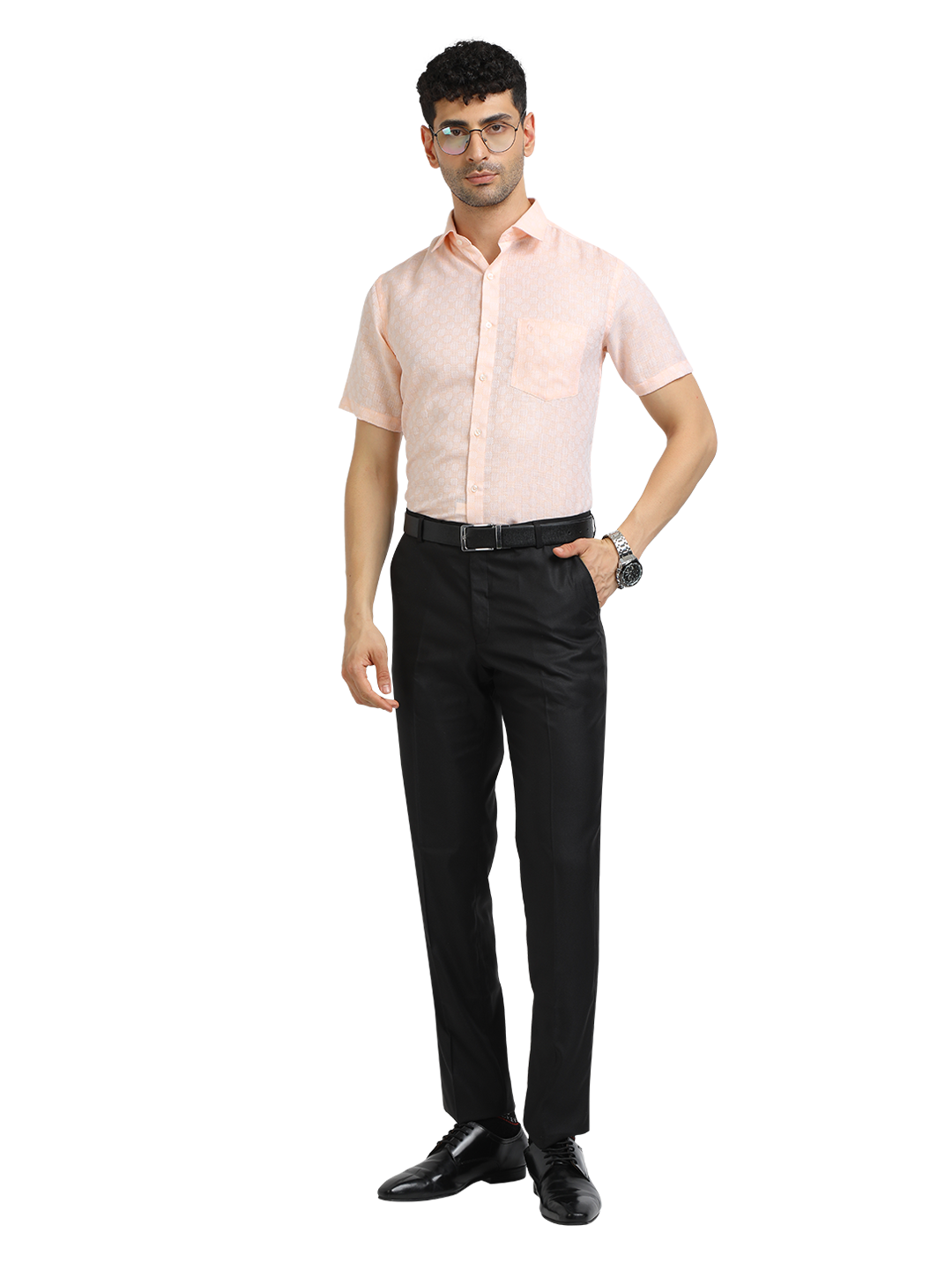 Model wearing Clarke Gable's Baby Pink Printed Formal Shirt in a casual setting
