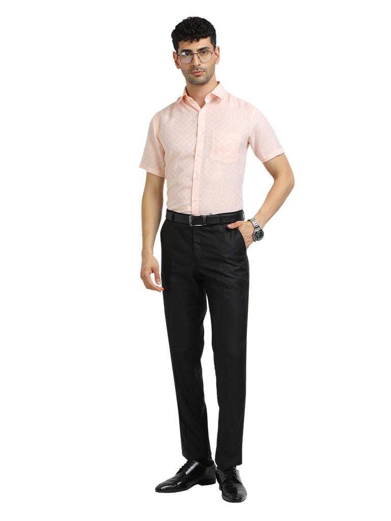 Model wearing Clarke Gable's Baby Pink Printed Formal Shirt in a casual setting