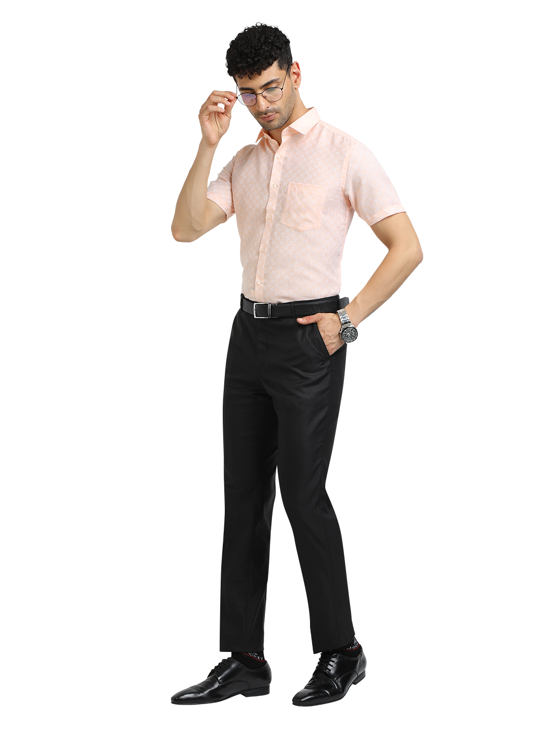 Model wearing Clarke Gable's Baby Pink Printed Formal Shirt in a casual setting