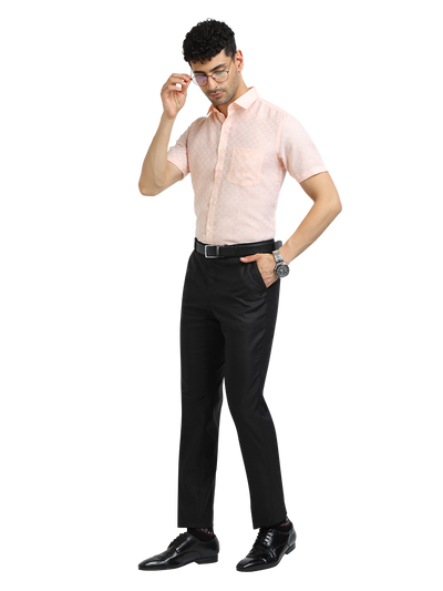 Model wearing Clarke Gable's Baby Pink Printed Formal Shirt in a casual setting