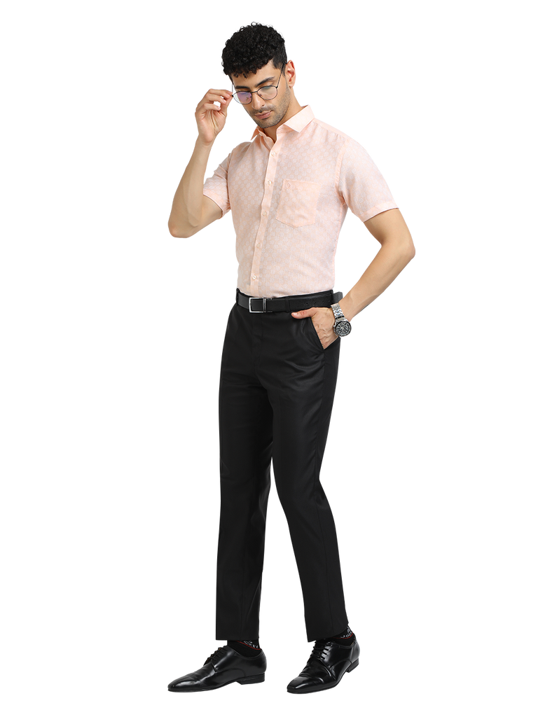 Model wearing Clarke Gable's Baby Pink Printed Formal Shirt in a casual setting