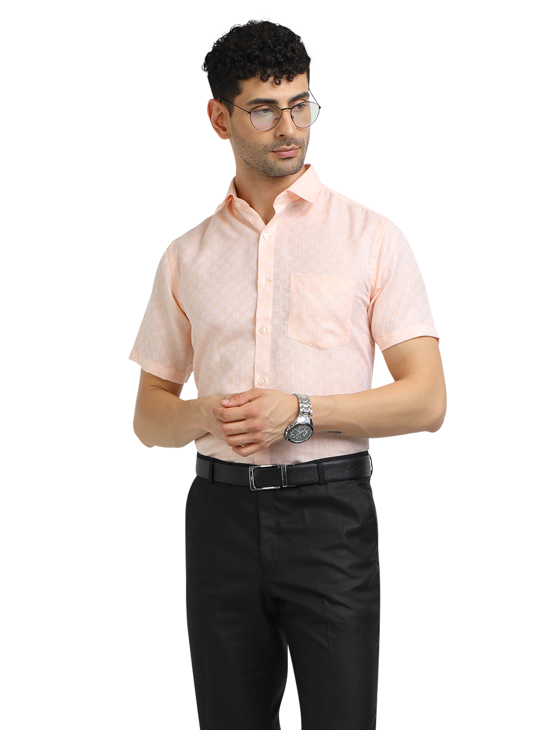 Model wearing Clarke Gable's Baby Pink Printed Formal Shirt in a casual setting