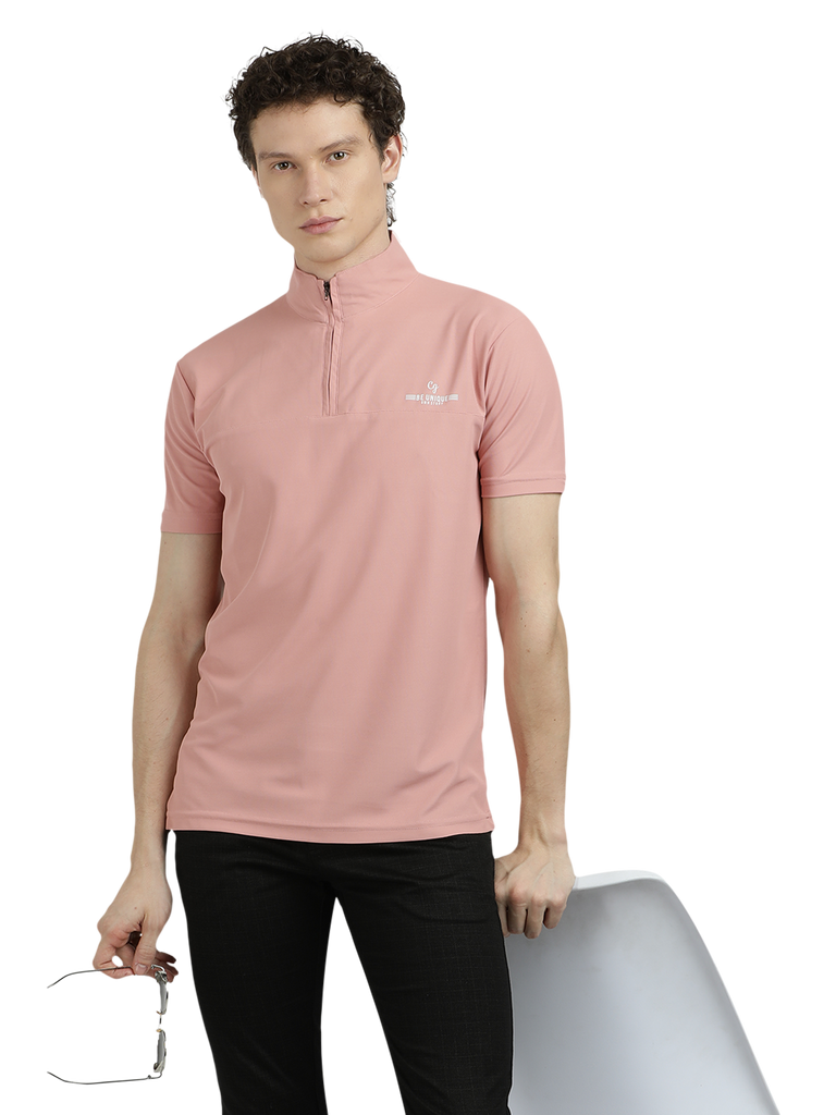 Model wearing Clarke Gable's Baby Pink Solid Turtle Neck T-Shirt in a casual setting