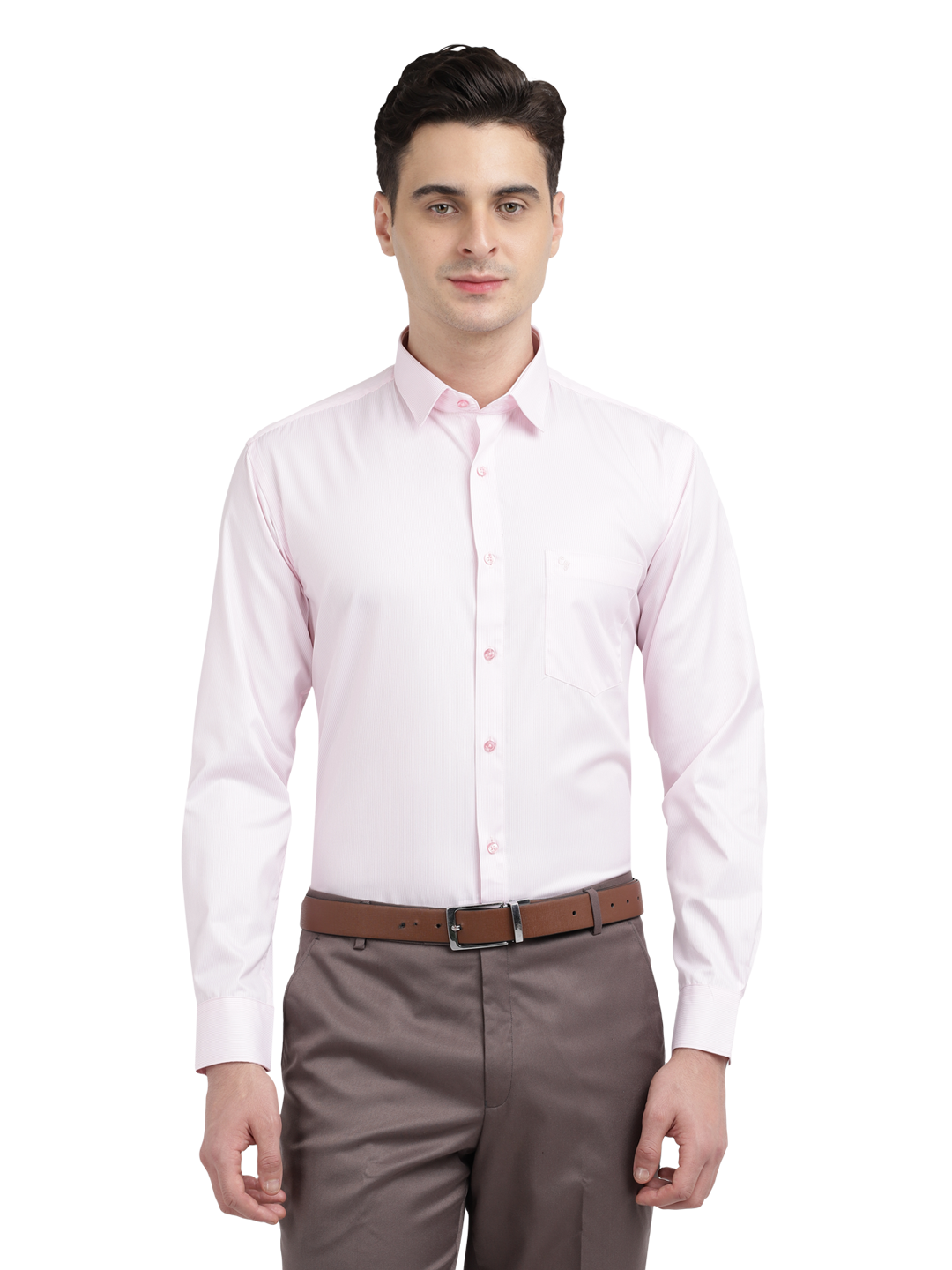 Model wearing Clarke Gable's Baby Pink Striped Formal Shirt in a casual setting