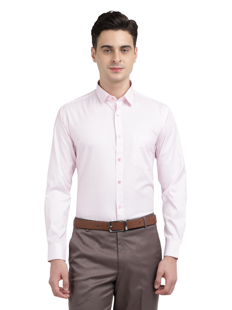 Model wearing Clarke Gable's Baby Pink Striped Formal Shirt in a casual setting