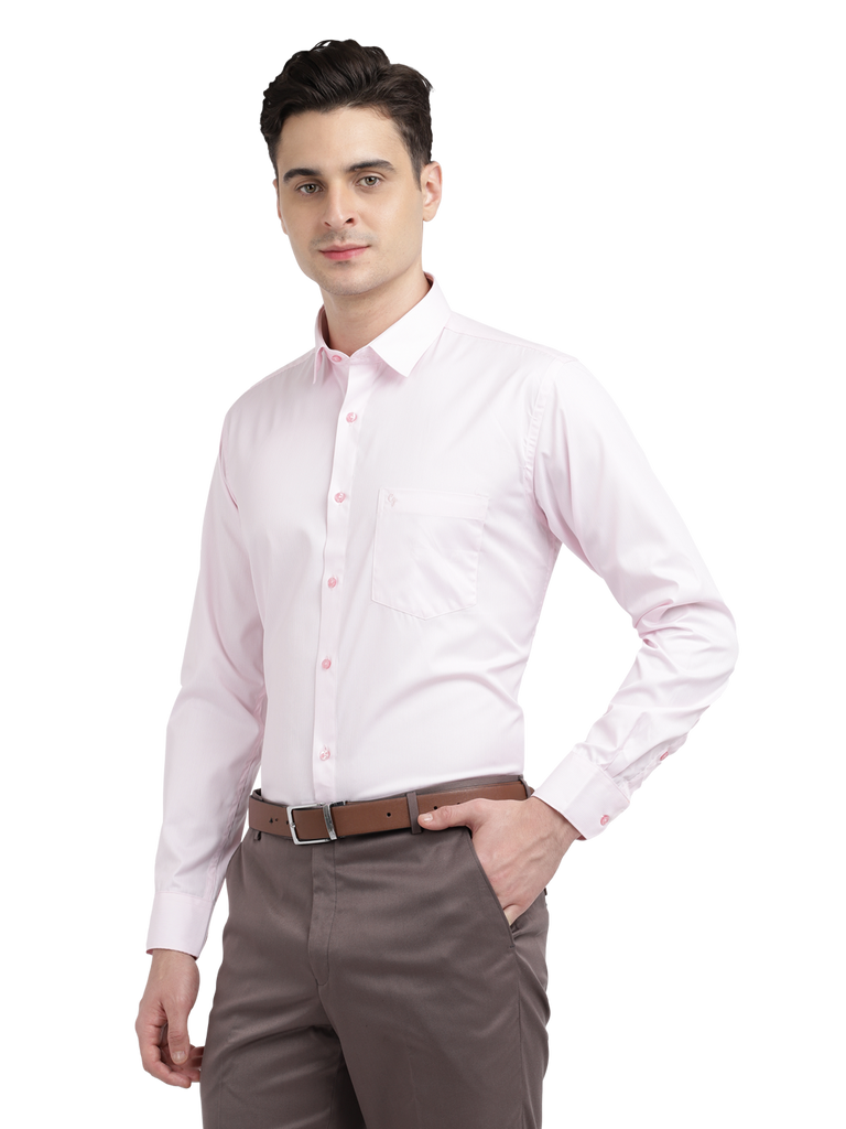 Model wearing Clarke Gable's Baby Pink Striped Formal Shirt in a casual setting