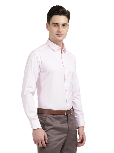 Model wearing Clarke Gable's Baby Pink Striped Formal Shirt in a casual setting