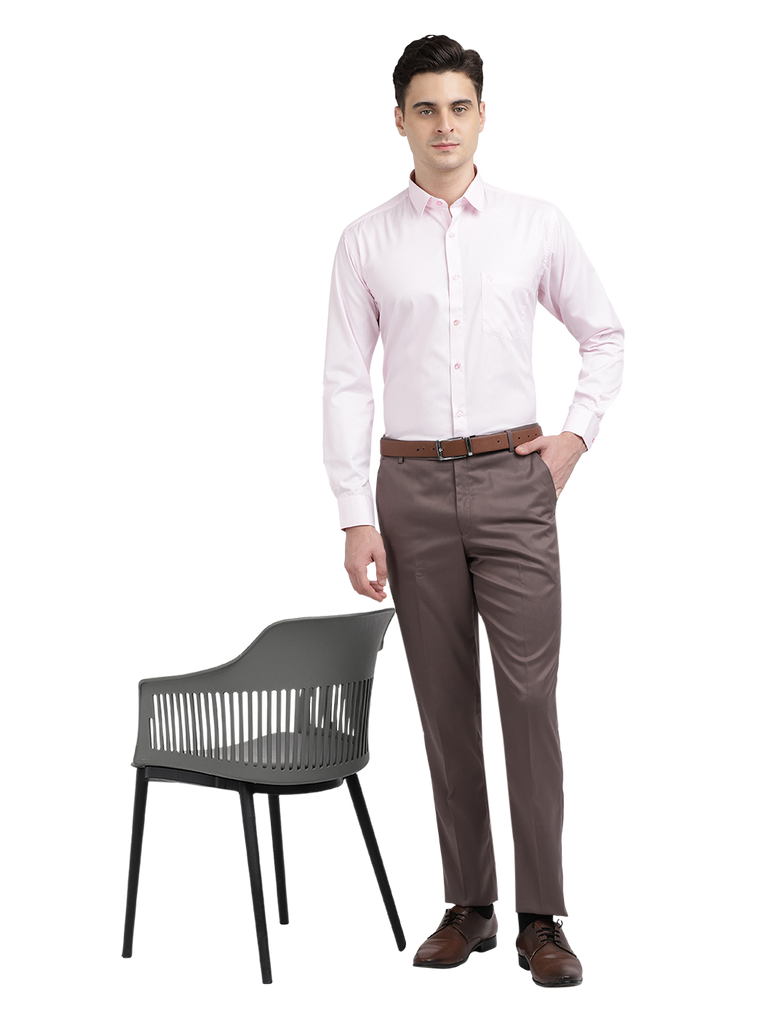 Model wearing Clarke Gable's Baby Pink Striped Formal Shirt in a casual setting