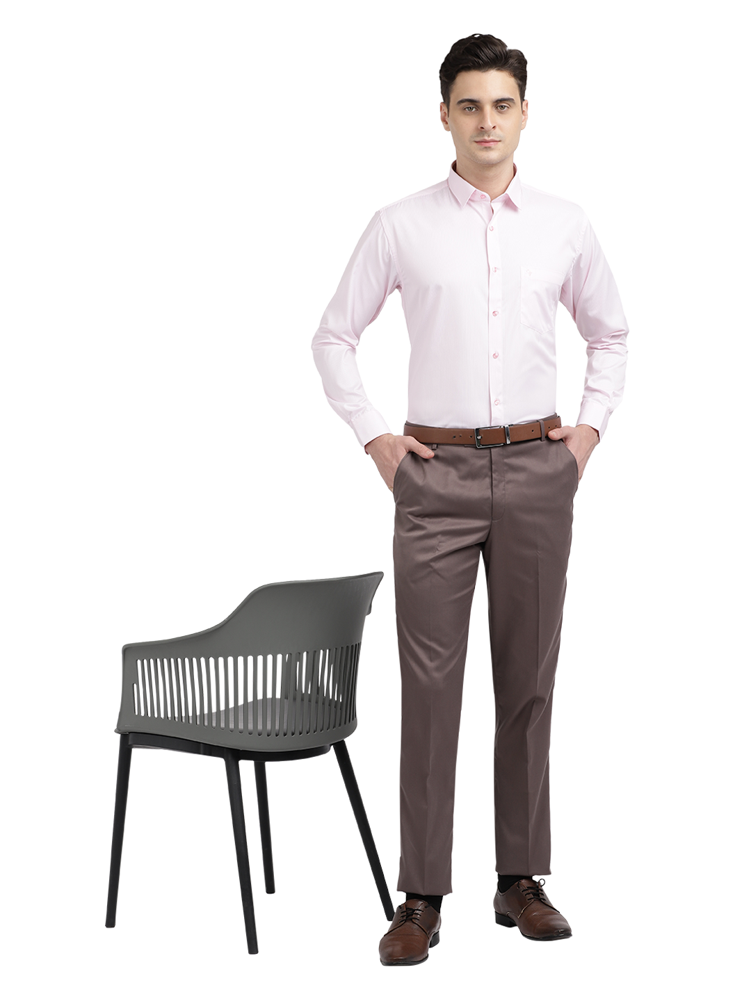 Model wearing Clarke Gable's Baby Pink Striped Formal Shirt in a casual setting