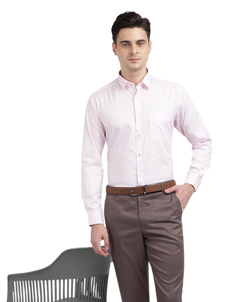 Model wearing Clarke Gable's Baby Pink Striped Formal Shirt in a casual setting