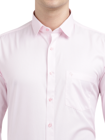 Model wearing Clarke Gable's Baby Pink Striped Formal Shirt in a casual setting