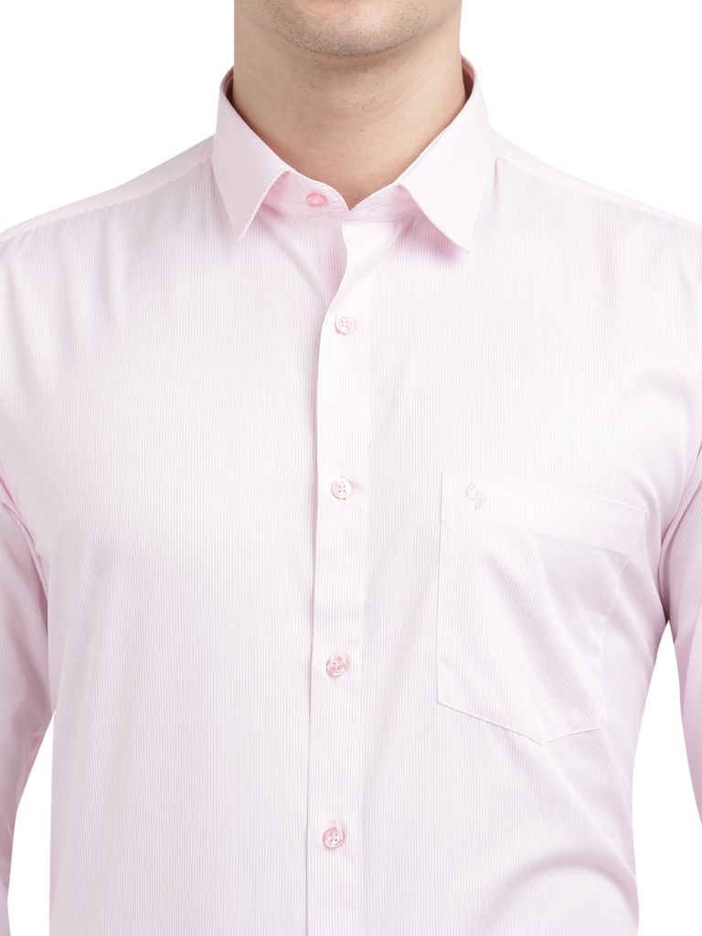 Model wearing Clarke Gable's Baby Pink Striped Formal Shirt in a casual setting