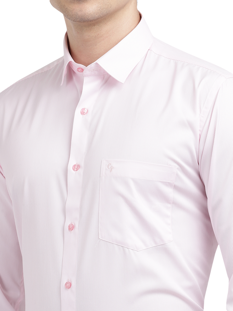 Model wearing Clarke Gable's Baby Pink Striped Formal Shirt in a casual setting