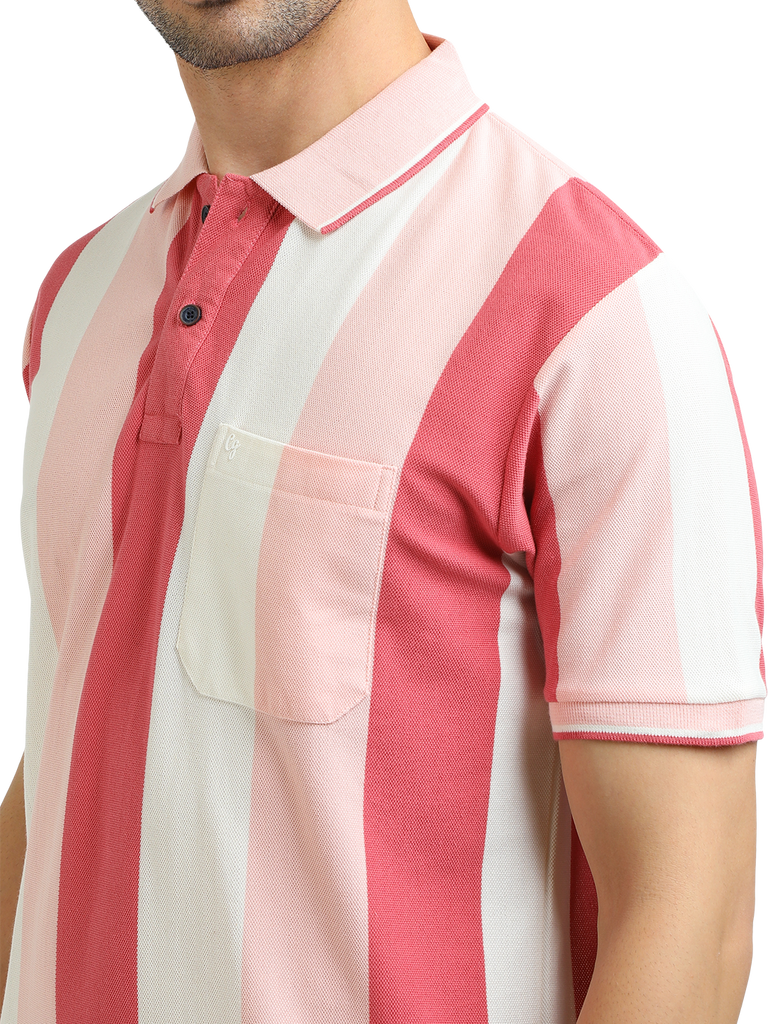 Model wearing Clarke Gable's Baby Pink With White Striped Polo Collar T-Shirt in a casual setting