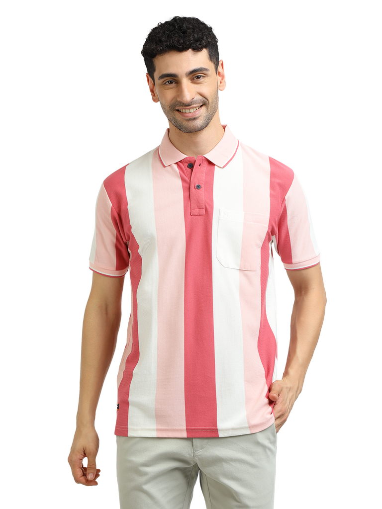 Model wearing Clarke Gable's Baby Pink With White Striped Polo Collar T-Shirt in a casual setting