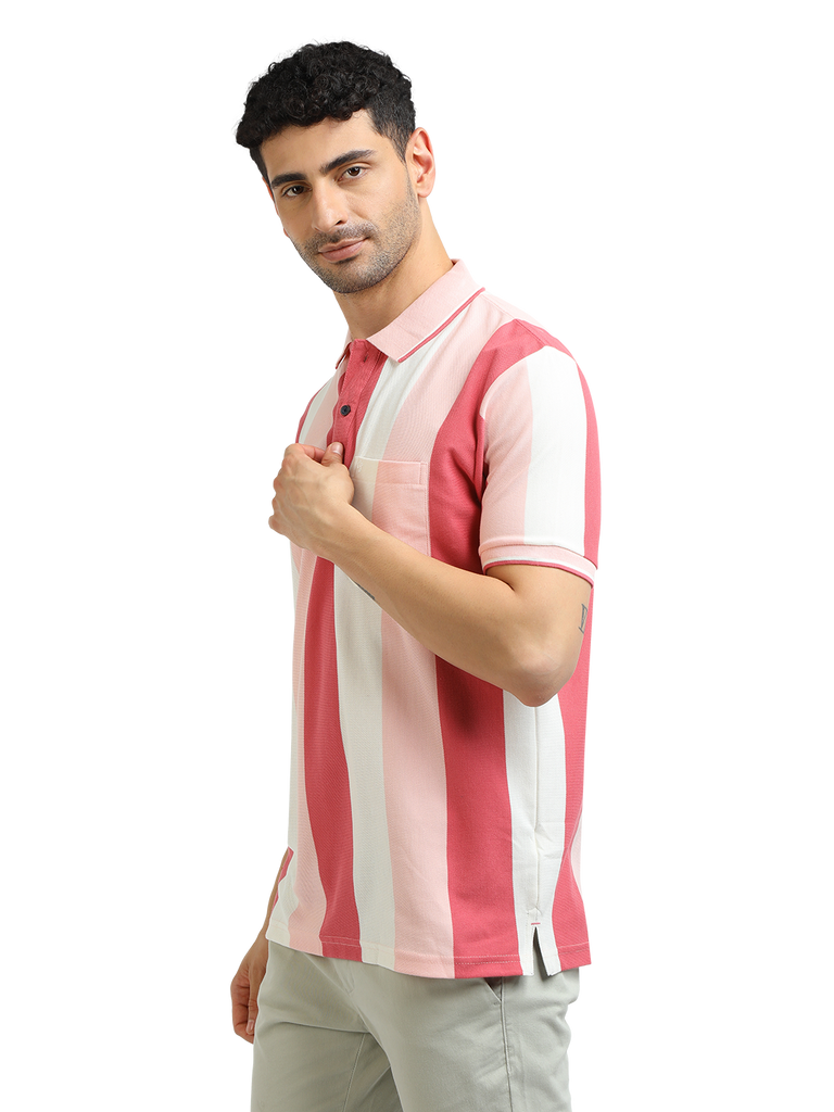 Model wearing Clarke Gable's Baby Pink With White Striped Polo Collar T-Shirt in a casual setting