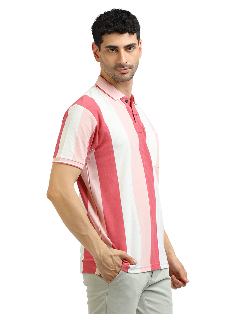Model wearing Clarke Gable's Baby Pink With White Striped Polo Collar T-Shirt in a casual setting
