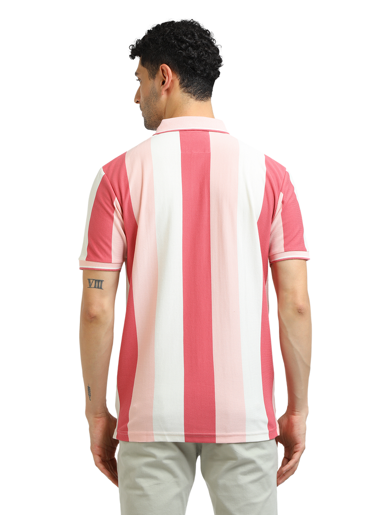 Model wearing Clarke Gable's Baby Pink With White Striped Polo Collar T-Shirt in a casual setting