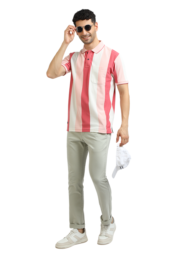 Model wearing Clarke Gable's Baby Pink With White Striped Polo Collar T-Shirt in a casual setting