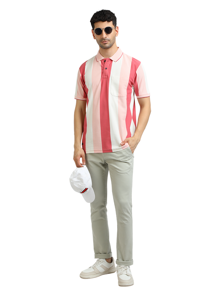 Model wearing Clarke Gable's Baby Pink With White Striped Polo Collar T-Shirt in a casual setting