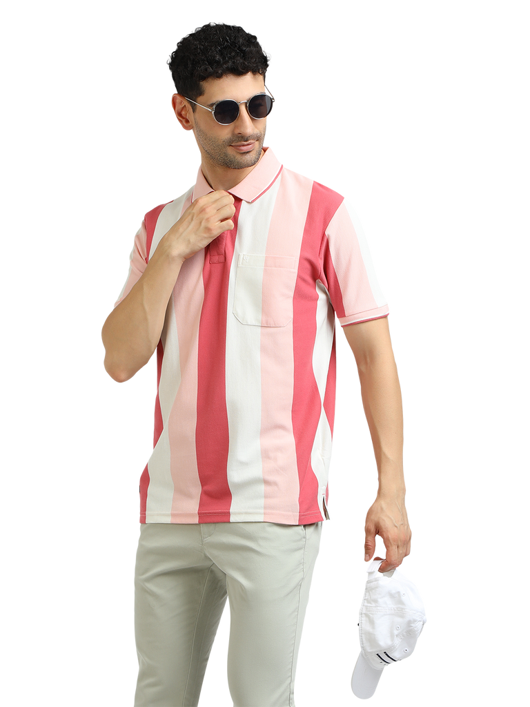 Model wearing Clarke Gable's Baby Pink With White Striped Polo Collar T-Shirt in a casual setting