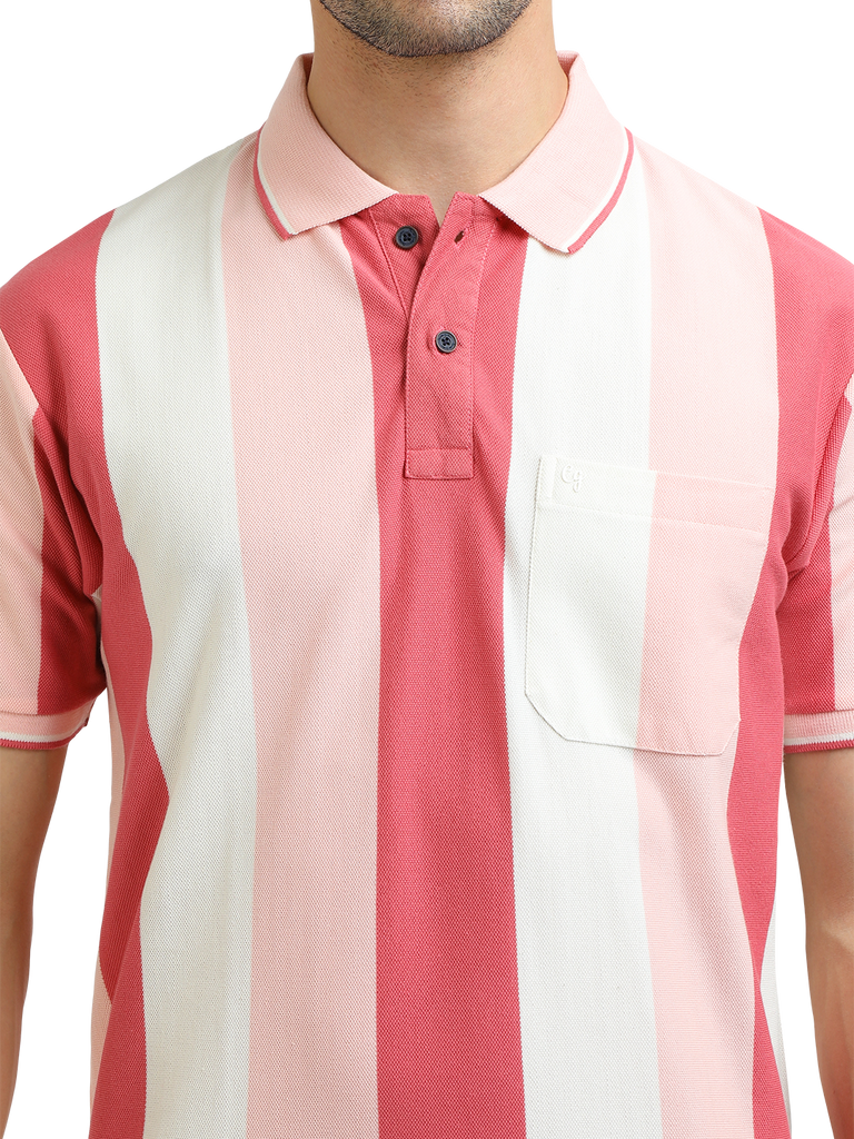 Model wearing Clarke Gable's Baby Pink With White Striped Polo Collar T-Shirt in a casual setting