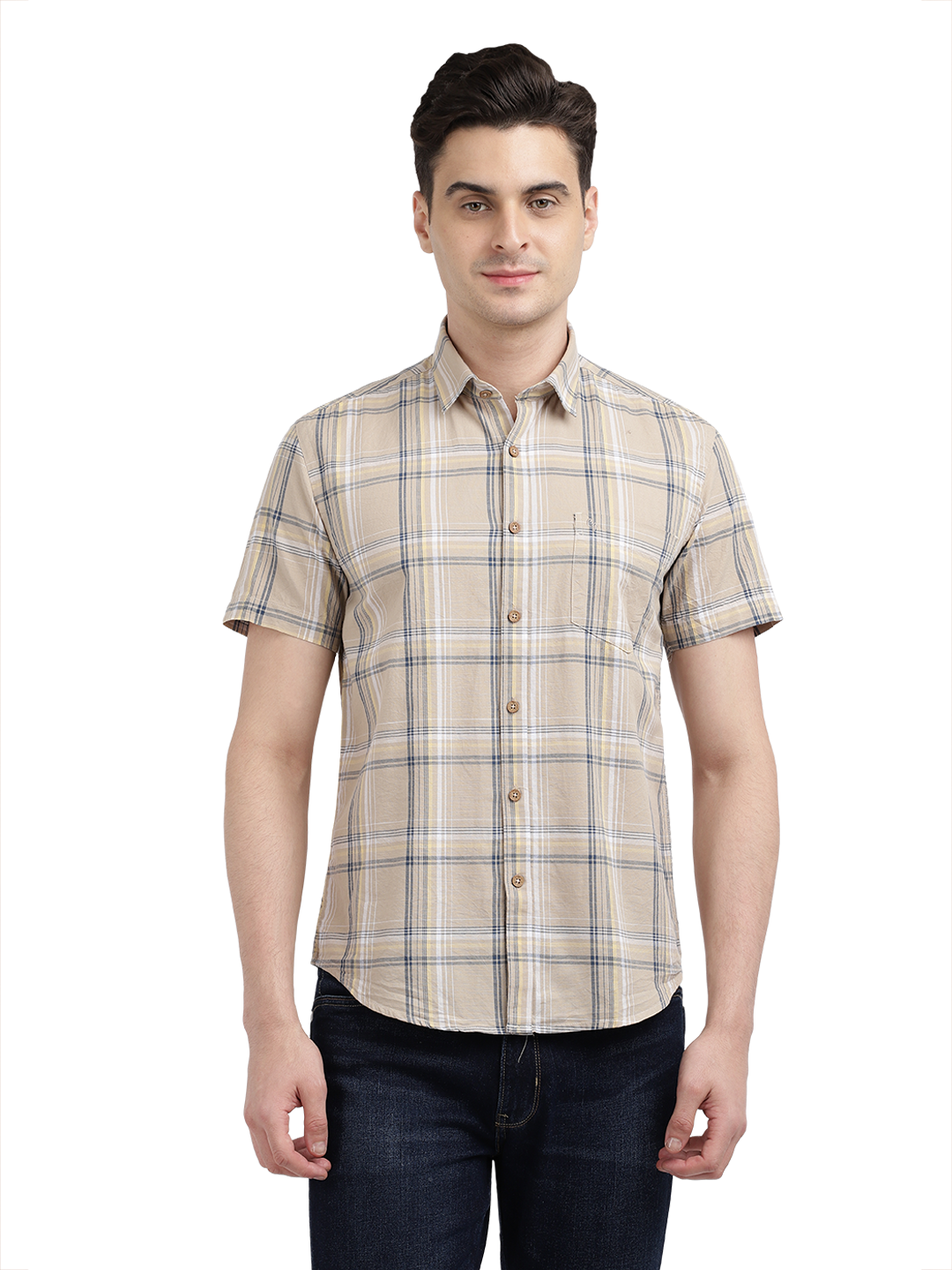 Model wearing Clarke Gable's Beige Checked Casual Shirt in a casual setting