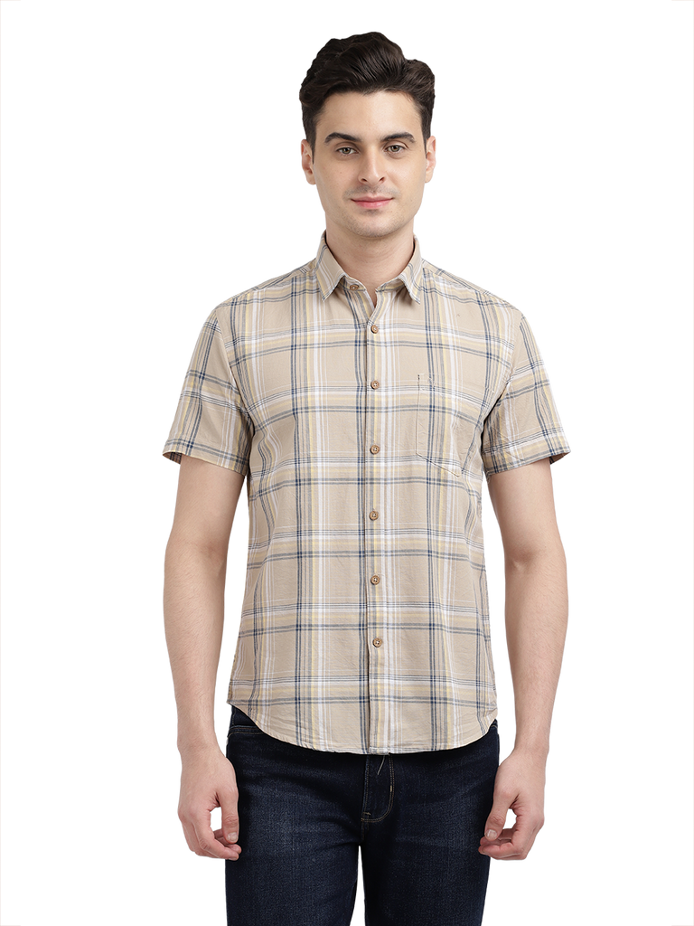 Model wearing Clarke Gable's Beige Checked Casual Shirt in a casual setting