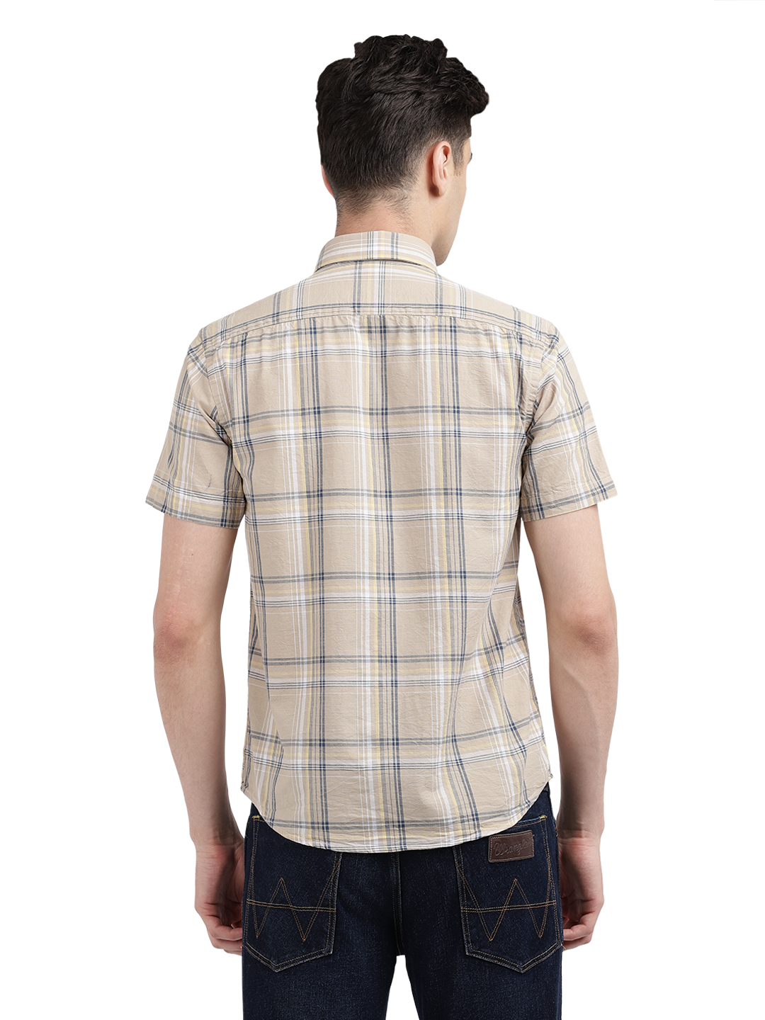 Model wearing Clarke Gable's Beige Checked Casual Shirt in a casual setting
