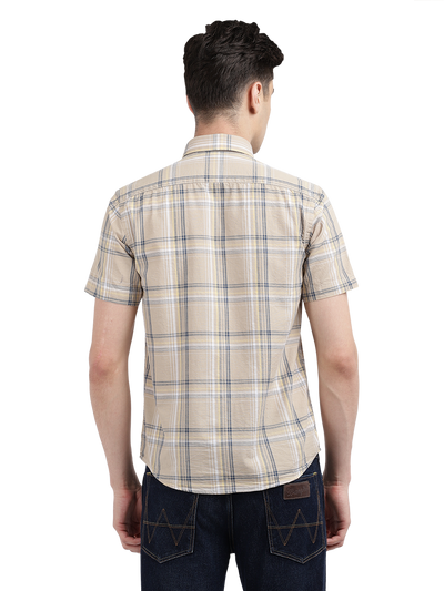 Model wearing Clarke Gable's Beige Checked Casual Shirt in a casual setting