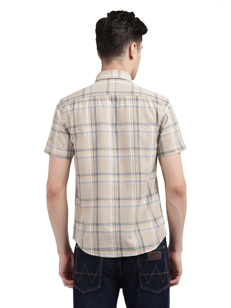 Model wearing Clarke Gable's Beige Checked Casual Shirt in a casual setting