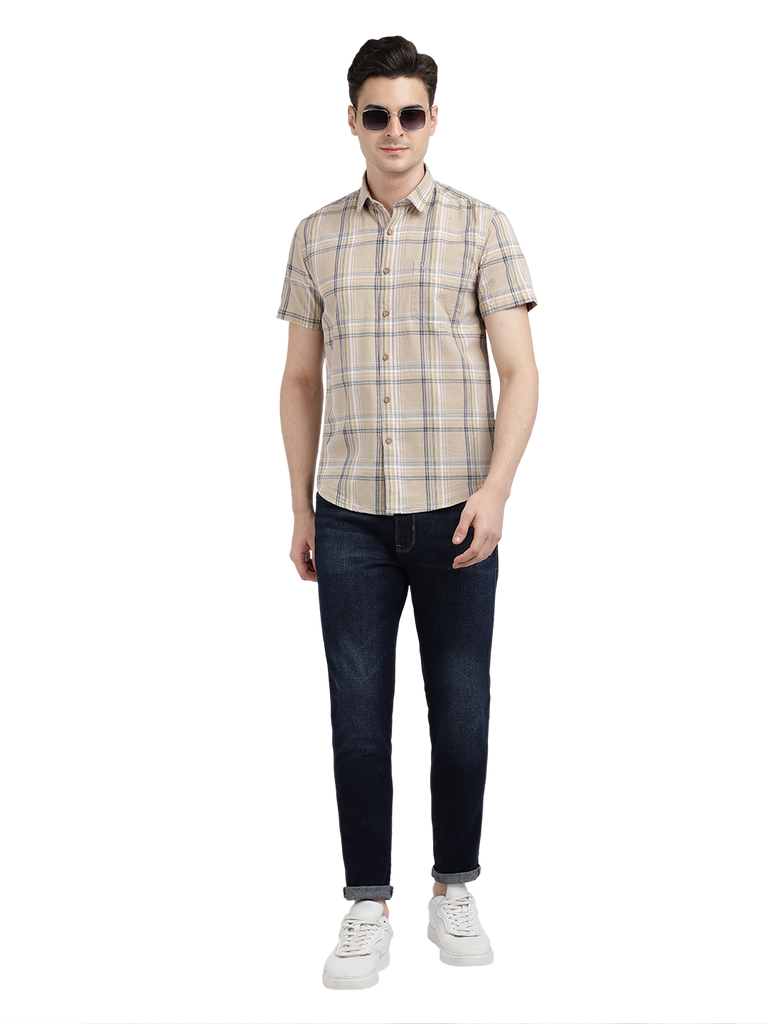 Model wearing Clarke Gable's Beige Checked Casual Shirt in a casual setting