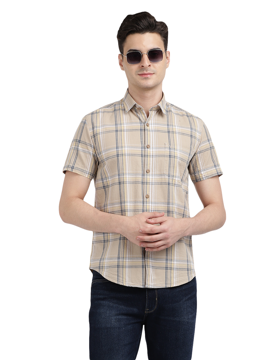 Model wearing Clarke Gable's Beige Checked Casual Shirt in a casual setting