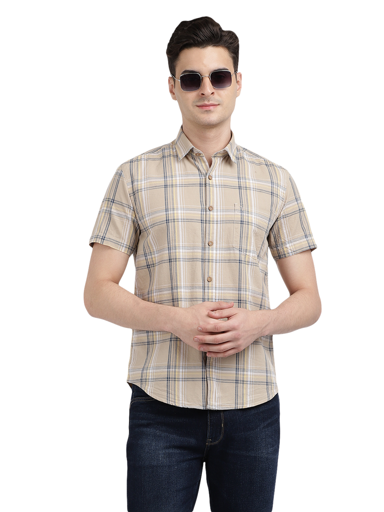 Model wearing Clarke Gable's Beige Checked Casual Shirt in a casual setting