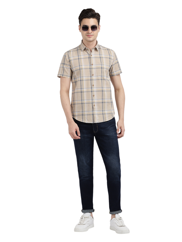 Model wearing Clarke Gable's Beige Checked Casual Shirt in a casual setting